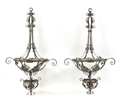 Lot 405 - AN IMPRESSIVE LARGE PAIR OF ARTS AND CRAFTS PLANISHED BRASS HANGING LIGHTS