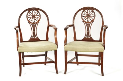 Lot 971 - A PAIR OF 19TH CENTURY HEPPLEWHITE STYLE MAHOGANY ARMCHAIRS