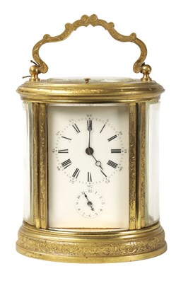 Lot 633 - HENRY JACOT, PARIS. A 19TH CENTURY ENGRAVED OVAL REPEATING FRENCH CARRIAGE CLOCK