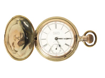 Lot 216 - A 14K GOLD PLATED WALTHAM ‘SANTA FE ROUTE’ FULL HUNTER POCKET WATCH