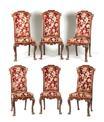 Lot 847 - A SET OF SIX GEORGE I WALNUT UPHOLSTERED SIDE CHAIRS