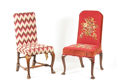 Lot 1012 - TWO EARLY 18TH CENTURY QUEEN ANNE WALNUT UPHOLSTERED SIDE CHAIRS