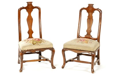 Lot 931 - A MATCHED PAIR OF GEORGE I WALNUT SIDE CHAIRS OF SMALL SIZE