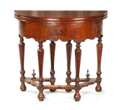 Lot 987 - A LATE 19TH CENTURY GEORGE I STYLE FIGURED WALNUT DEMI LUNE CARD TABLE