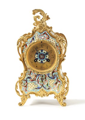 Lot 739 - A 19TH CENTURY FRENCH ORMOLU AND CHAMPLEVE ENAMEL MANTEL CLOCK