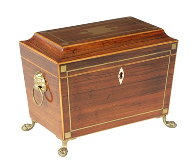 Lot 378 - A GOOD REGENCY BRASS INLAID ROSEWOOD TEA CADDY