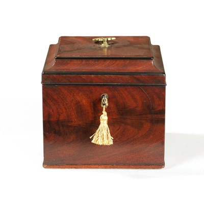 Lot 374 - A GEORGE III FIGURED MAHOGANY SQUARE MOULDED TOP TEA CADDY