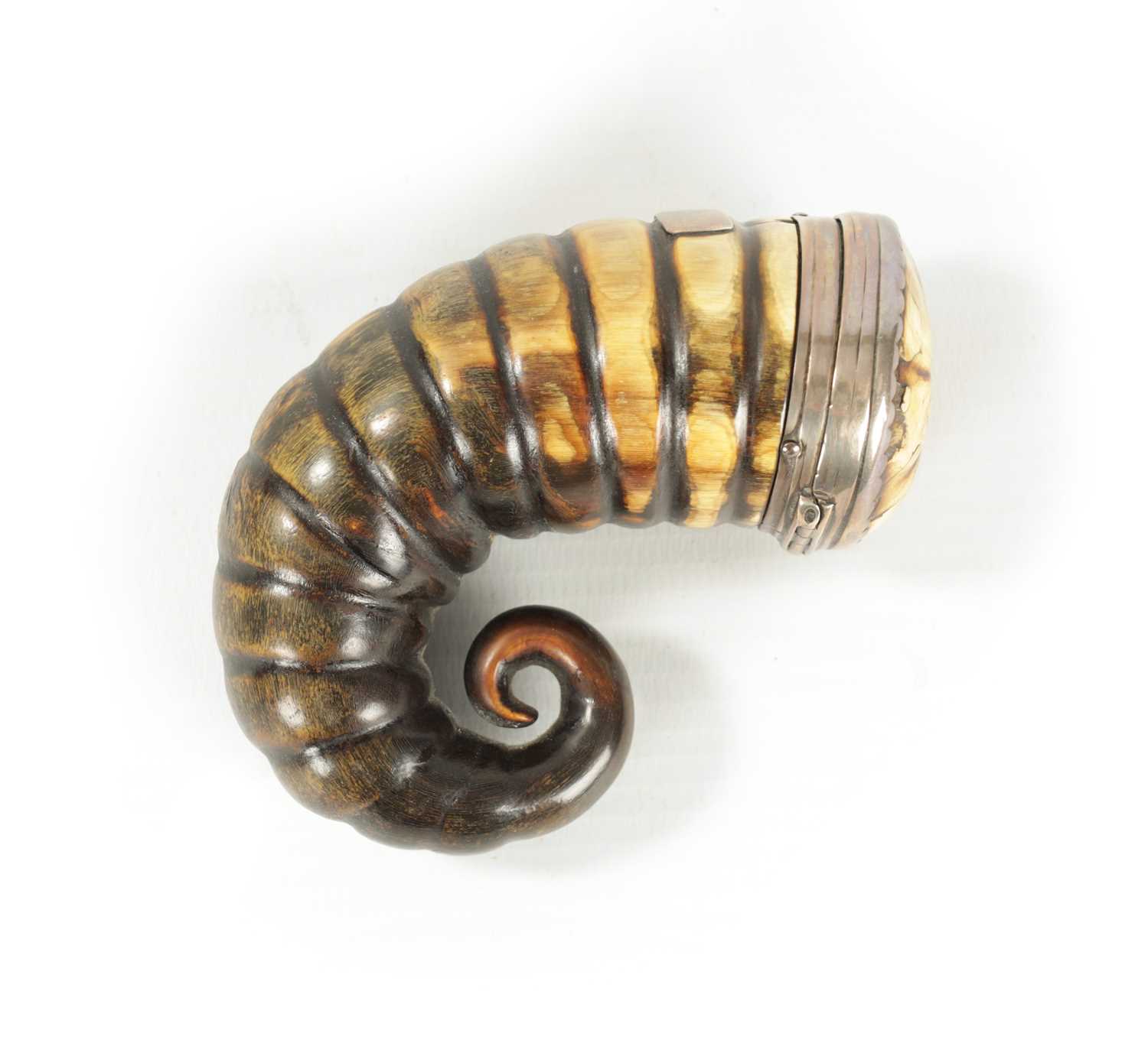 Lot 493 - A 19TH CENTURY SCOTTISH RIBBED RAMS HORN