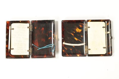 Lot 383 - TWO 19TH CENTURY TORTOISESHELL SILVER INLAID NOTE CASES
