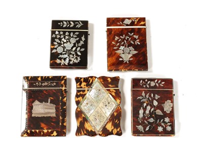 Lot 375 - A COLLECTION OF FIVE 19TH CENTURY TORTOISESHELL, MOTHER OF PEARL AND SILVER INLAID CARD CASES