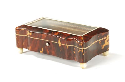 Lot 367 - A 19TH CENTURY TORTOISESHELL AND IVORY SERPENTINE GLAZED TOP DRESSING TABLE BOX