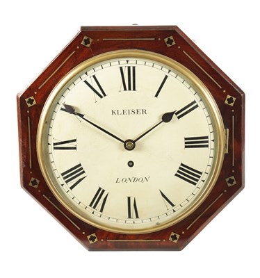 Lot 628 - KLEISER LONDON. A 19TH CENTURY REGENCY BRASS INLAID MAHOGANY 10” CONVEX FUSEE DIAL CLOCK