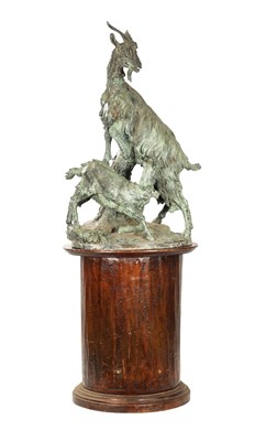 Lot 416 - GIOVITA LOMBARDI (1837 - 1876). A MASSIVE LIFE SIZE 19TH CENTURY GREEN PATINATED BRONZE ANIMALIA SCULPTURE DEPICTING MOUNTAIN GOATS