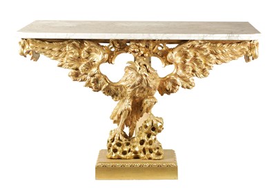 Lot 857 - A LARGE 19TH CENTURY CARVED GILT WOOD CONSOLE TABLE IN THE MANNER OF WILLIAM KENT