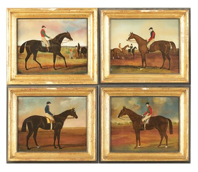 Lot 584 - A SET OF FOUR 19TH CENTURY REVERSE PAINTED ON GLASS HORSE RACING PORTRAITS