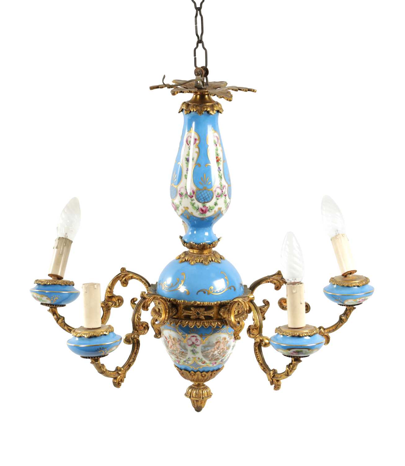 Lot 418 - A 20TH CENTURY SERVES STYLE AND ORMOLU FIVE BRANCH CEILING LIGHT