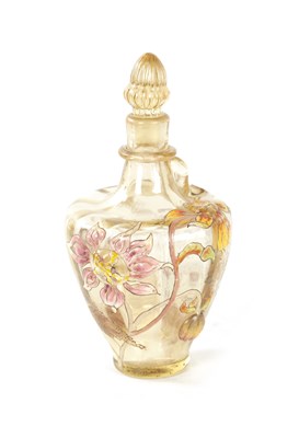 Lot 5 - EMILE GALLE. A LATE 19TH CENTURY 'DAHLIAS' ENAMELLED AMBER GLASS SCENT BOTTLE AND STOPPER