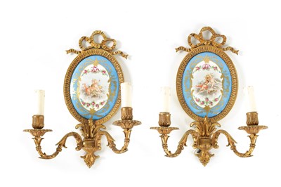 Lot 413 - A PAIR OF 19TH CENTURY STYLE FRENCH SERVES PANELLED AND ORMOLU MOUNTED TWO BRANCH WALL LIGHTS