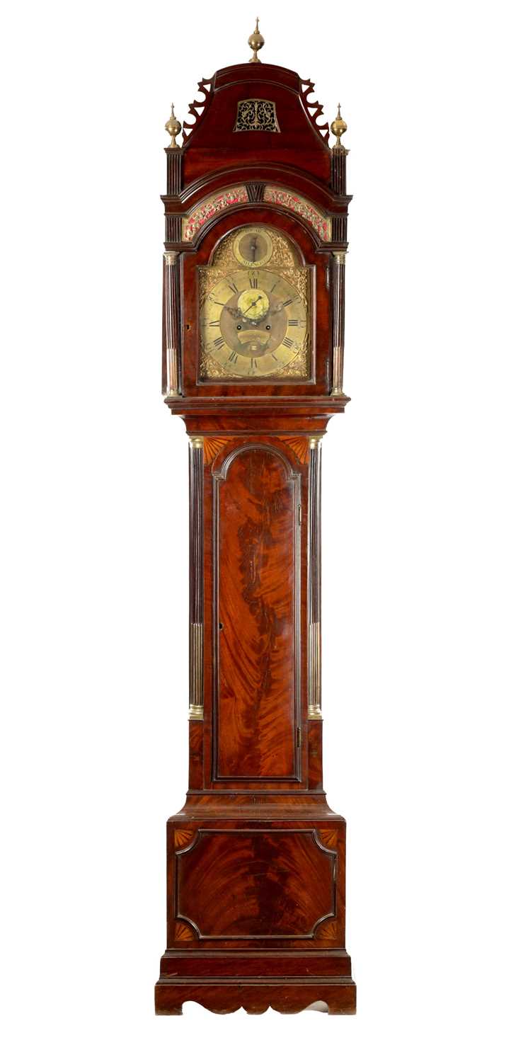 Lot 671 - DIEGO EVANS, LONDRES (LONDON). A GEORGE III INLAID FIGURED MAHOGANY EIGHT DAY LONGCASE CLOCK