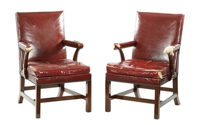 Lot 983 - A PAIR OF LATE 19TH CENTURY SCARLET LEATHERED MAHOGANY LIBRARY CHAIRS