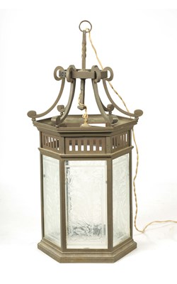 Lot 961 - A 20TH CENTURY HEXAGONAL SHAPED BRASS HANGING LANTERN