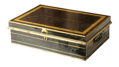 Lot 372 - A LATE 19TH CENTURY BLACK LACQUERED LIDDED BOX by Ede, Son & Ravenscroft