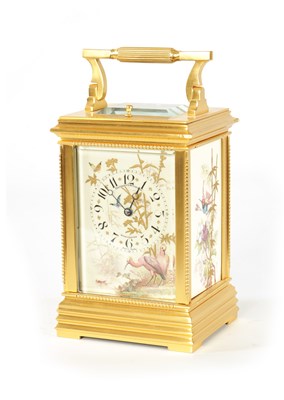 Lot 802 - A LATE 19TH CENTURY FRENCH GILT CASED PORCELAIN PANELLED REPEATING CARRIAGE CLOCK