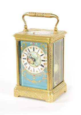 Lot 703 - A LATE 19TH CENTURY FRENCH ENGRAVED PORCELAIN PANELLED REPEATING CARRIAGE CLOCK