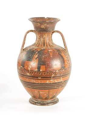 Lot 34 - AN ANCIENT GREEK STYLE TERRACOTTA TWO-HANDLED VESSEL