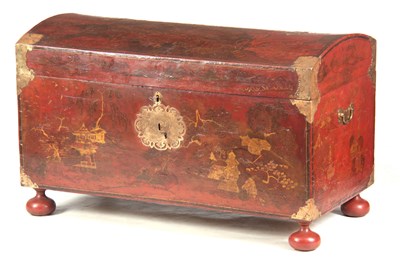 Lot 902 - AN EARLY 18TH CENTURY BRASS MOUNTED SCARLET LACQUER CHINOISERIE DOME TOP CHEST