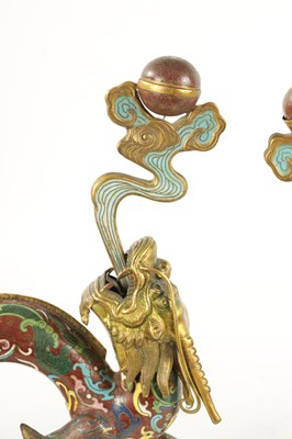 Lot 80 - A PAIR OF 19TH CHINESE CLOISONNE AND GILT BRASS DRAGON CENSORS