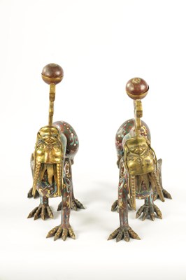 Lot 80 - A PAIR OF 19TH CHINESE CLOISONNE AND GILT BRASS DRAGON CENSORS