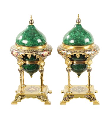 Lot 457 - A FINE PAIR OF FRENCH ORMOLU, CHAMPLEVE ENAMEL AND CERAMIC FAUX MALACHITE CASOLETTES