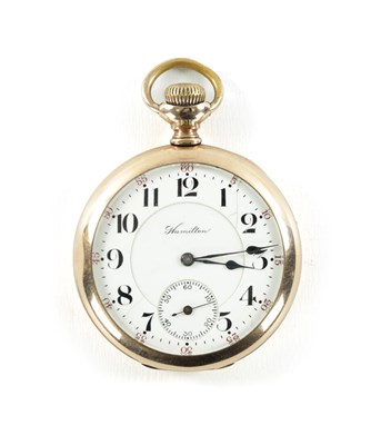 Lot 1 - AN AMERICAN HAMILTON GOLD-PLATED OPEN-FACED POCKET WATCH