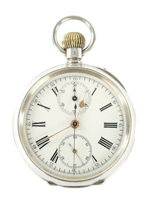 Lot 250 - AN EARLY 20TH CENTURY SILVER OPEN FACE CHRONOGRAPH POCKET WATCH