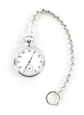 Lot 419 - A 20TH CENTURY STEEL POCKET WATCH WITH STEEL CHAIN