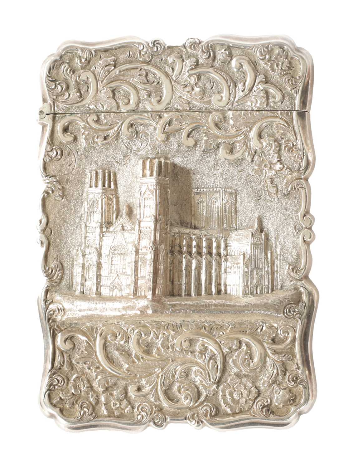 Lot 288 - A NATHANIEL MILLS VICTORIAN SILVER CARD CASE EMBOSSED WITH YORK MINSTER