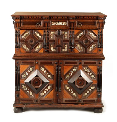 Lot 893 - A 17TH CENTURY JOINED OAK, FRUITWOOD, BONE AND MOTHER OF PEARL INLAID TWO SECTIONAL CHEST