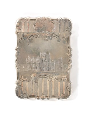 Lot 295 - A NATHANIEL MILLS VICTORIAN SILVER CARD CASE EMBOSSED WITH A CASTLE AND ABBEY