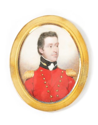 Lot 558 - A 19TH CENTURY OVAL MILITARY PORTRAIT MINIATURE ON IVORY