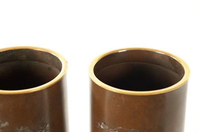 Lot 87 - A FINE PAIR OF JAPANESE MEIJI PERIOD BRONZE AND MIXED METAL CYLINDRICAL VASES