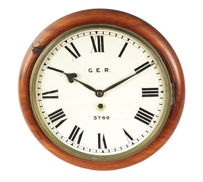 Lot 692 - A 19TH CENTURY MAHOGANY FUSEE RAILWAY WALL CLOCK STAMPED G.E.R. NUMBERED 3760