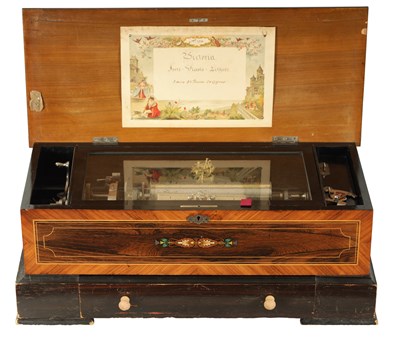 Lot 521 - A GOOD 19TH CENTURY SWISS MARQUETRY AND WALNUT CASED MUSIC BOX WITH INTERCHANGEABLE BARRELS BY BREVET NUMBERED 6058