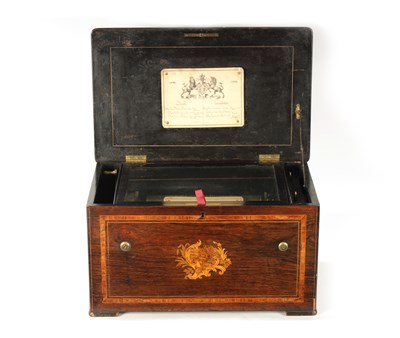 Lot 524 - A 19TH CENTURY MARQUETRY INLAID WALNUT MUSIC BOX WITH FITTED ORGAN