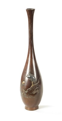 Lot 144 - A FINE JAPANESE MEIJI PERIOD BRONZE AND MIXED METAL SLENDER OVOID VASE WITH ONLAID BIRD DECORATION