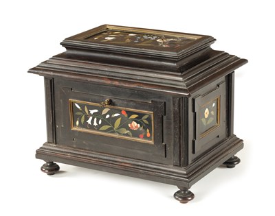 Lot 385 - A 19TH CENTURY FRENCH EBONY AND PIETRA DURA PANELLED JEWELLERY CASKET