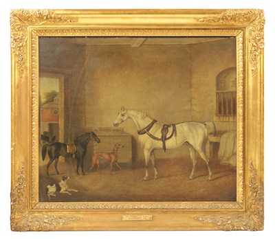 Lot 543 - W. BARRAUD (1810 - 1850). A MID 19TH CENTURY OIL ON CANVAS STABLE SCENE ENTITLED "GREY WEIGHTON" AND "PICKLES"