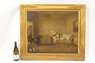 Lot 543 - W. BARRAUD (1810 - 1850). A MID 19TH CENTURY OIL ON CANVAS STABLE SCENE ENTITLED "GREY WEIGHTON" AND "PICKLES"