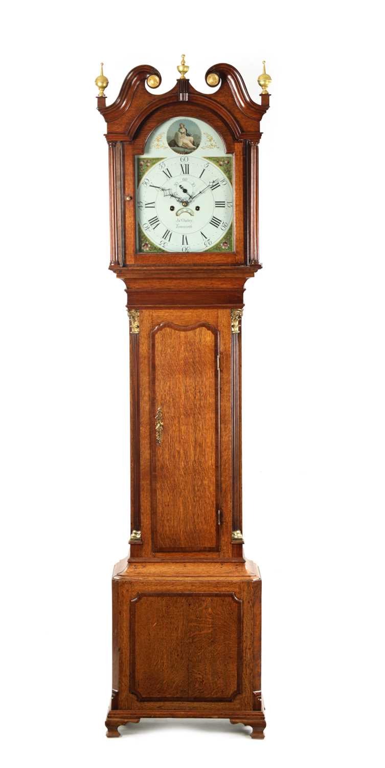 Lot 805 - JAS. OATLEY, TAMWORTH. A GEOGE III OAK AND MAHOGANY CROSS-BANDED EIGHT DAY LONGCASE CLOCK