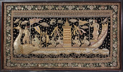 Lot 411 - A LARGE ASIAN EMBROIDERED PANEL decorated in...